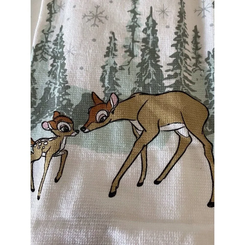 Set‎ Of 2 Disney Kitchen Towels Bambi and Mother Winter Pine Trees Holiday NEW